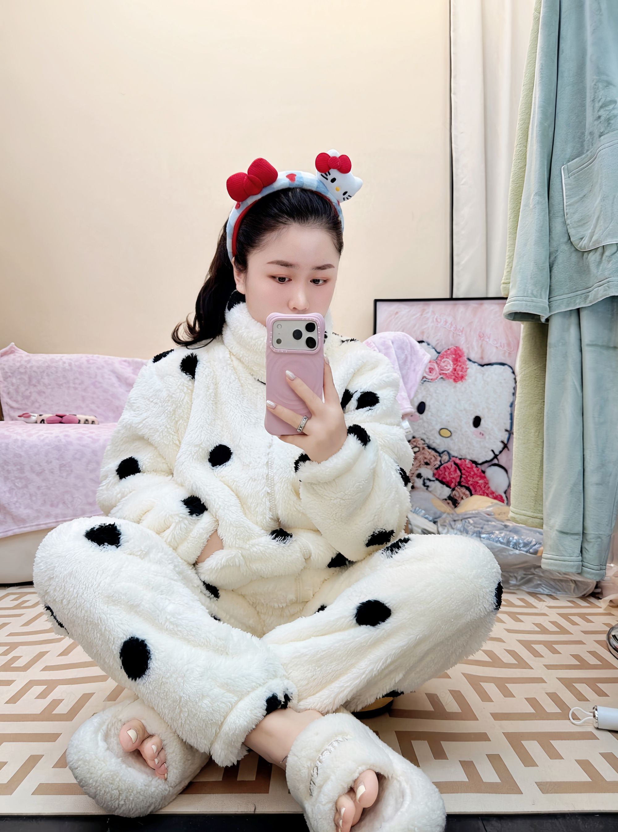 2025新款黑白波点冬季家居服睡衣套装加绒加厚时尚休闲开衫极寒板