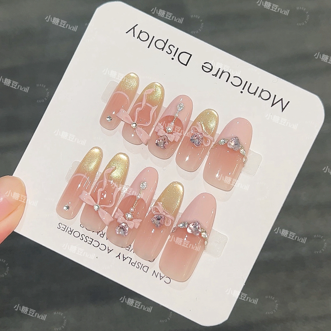 【少女日记】纯手工长款穿戴甲法式贴片可爱蝴蝶结高级显白美甲