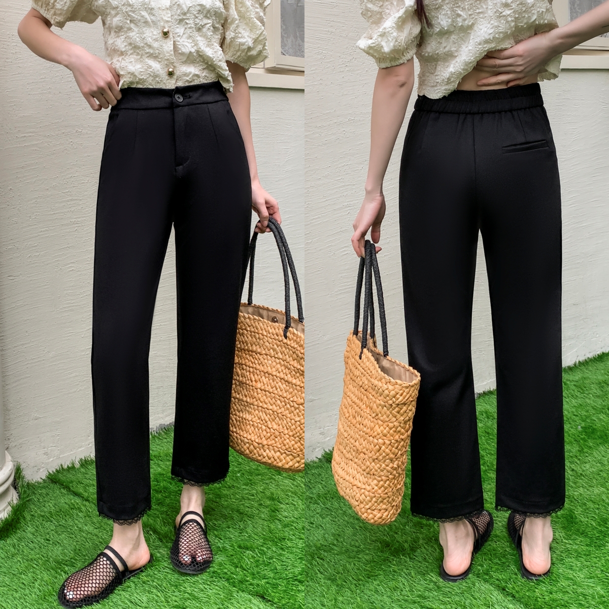 「裤脚拼接花边」显瘦弹力烟管裤 春秋通勤百搭休闲裤小黑裤子Y8628