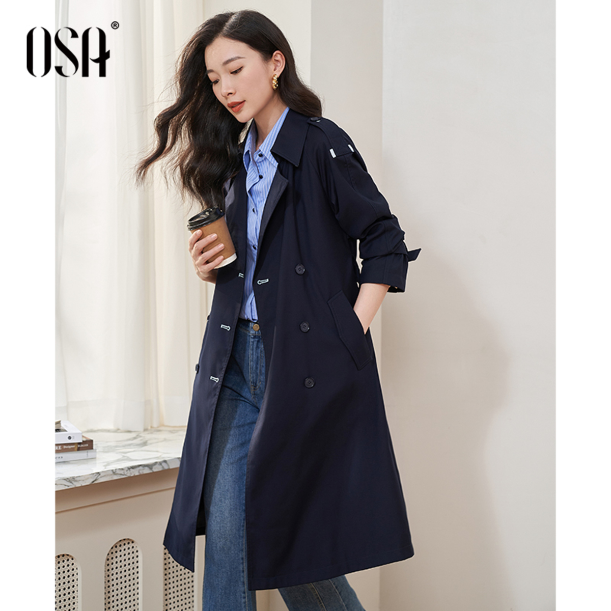OSA/欧莎 高级感英伦风双排扣气质风衣女外套女S123C23001