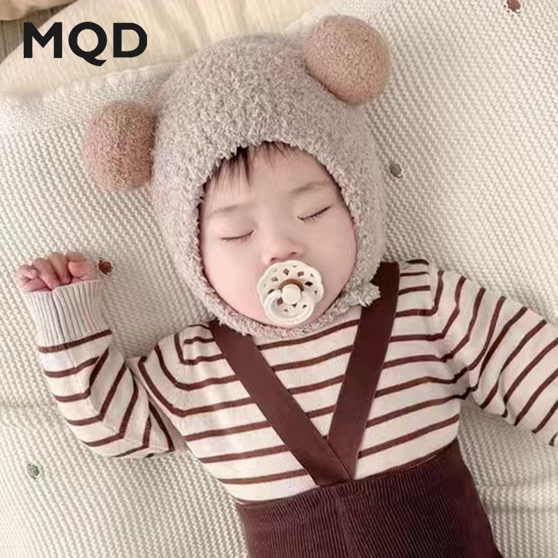 ins韩国洋气婴儿护耳帽秋冬季毛绒保暖小月龄宝宝撞色双球帽子冬