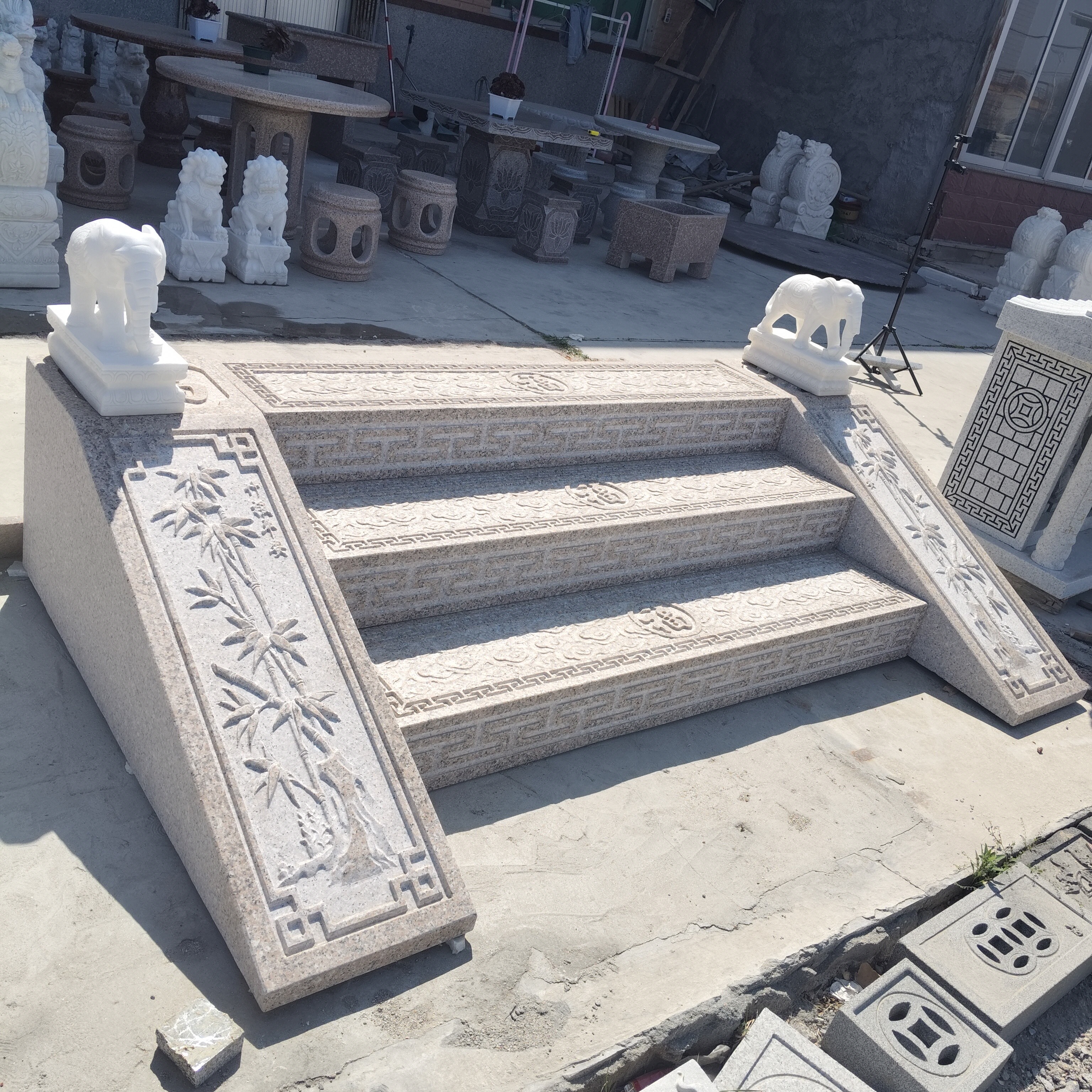 天然石雕青石台阶石五福祥云浮雕踏步石适用于中式庭院