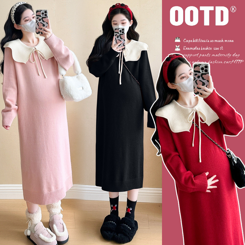 孕妇装2025秋冬新款时尚宽松大码娃娃领减龄百搭喜庆孕妇连衣裙