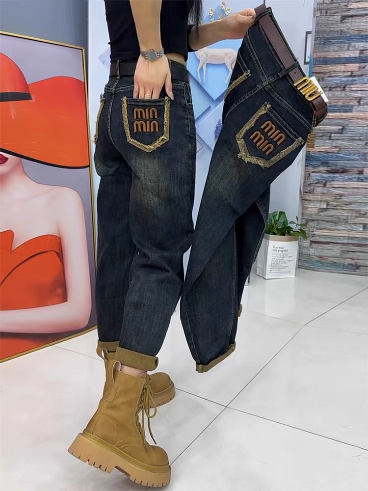 23089p复古兰字母刺绣弹力宽松显瘦老爹裤