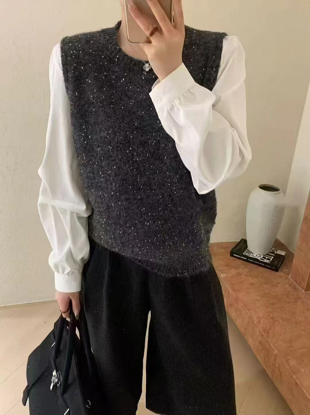 【波波家】时尚年款亮片假两件洋气衬衣