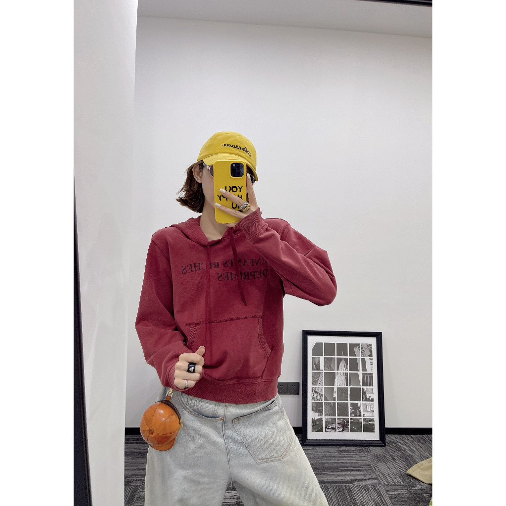 AMYLIANG｜【美式代表作】字母印花手工擦色磨破做旧连帽卫衣0286