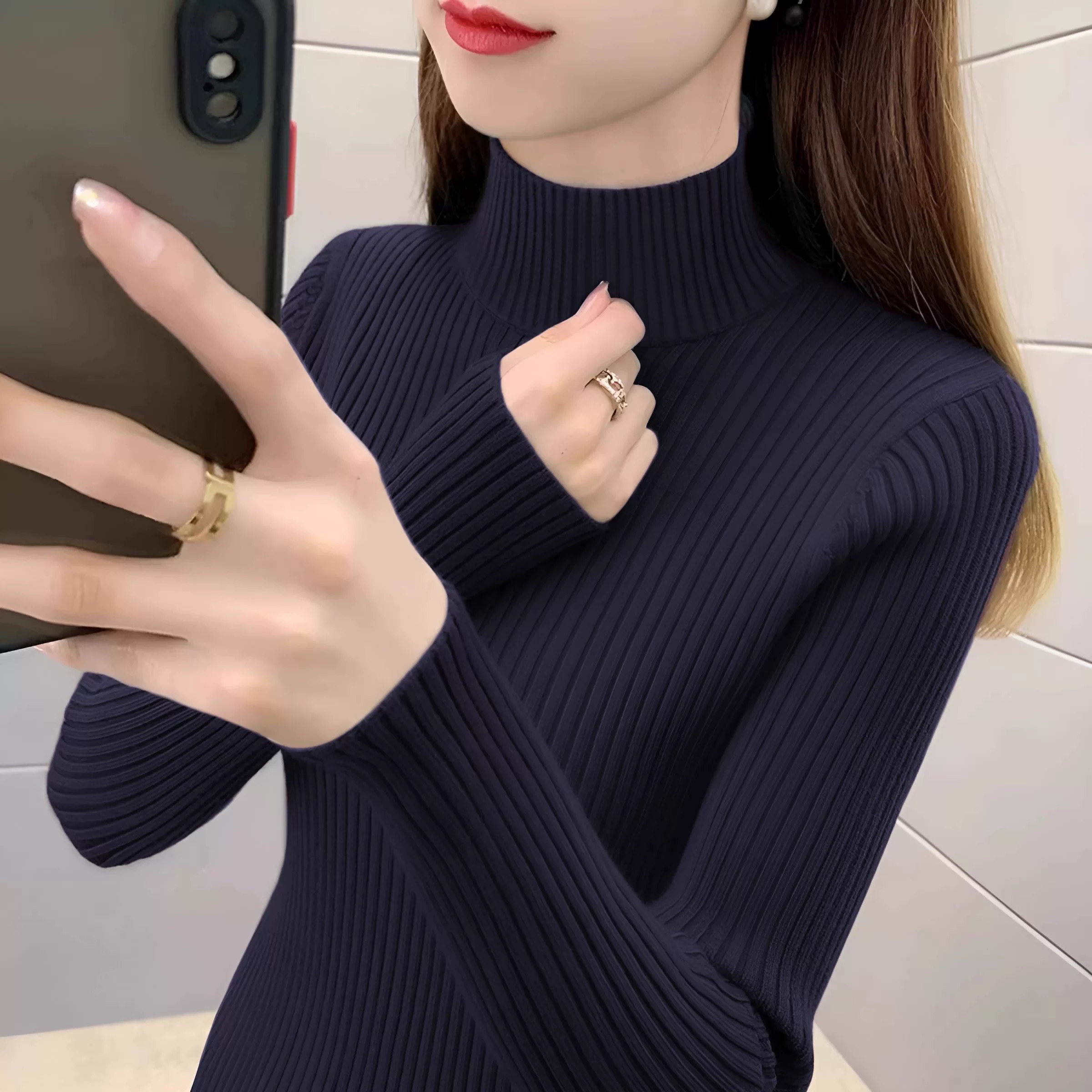 2025秋冬新款女装藏青色长袖针织衫半高领毛衣加厚款内搭打底上衣