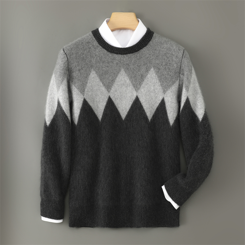 七针加厚羊毛衫男士圆领加厚菱形格纹拼色套头针织衫毛衣休闲上衣