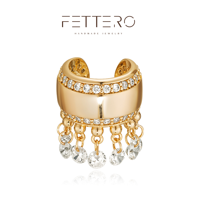 fettero 铜合金耳饰 【金色白锆鼓面流苏耳夹】气质轻奢小众单只