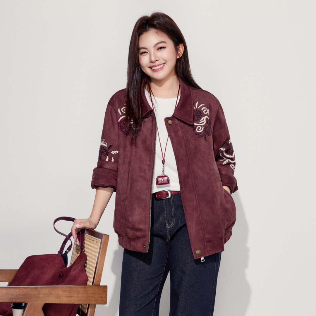 【麂皮绒】MsShe大码女装冬装刺绣夹克加厚外套E2511031