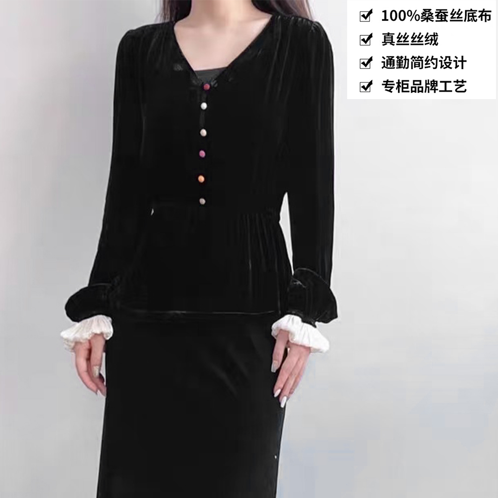 100桑蚕丝丝绒法式优雅V领真丝衬衣丝绒衬衫上衣QKA10