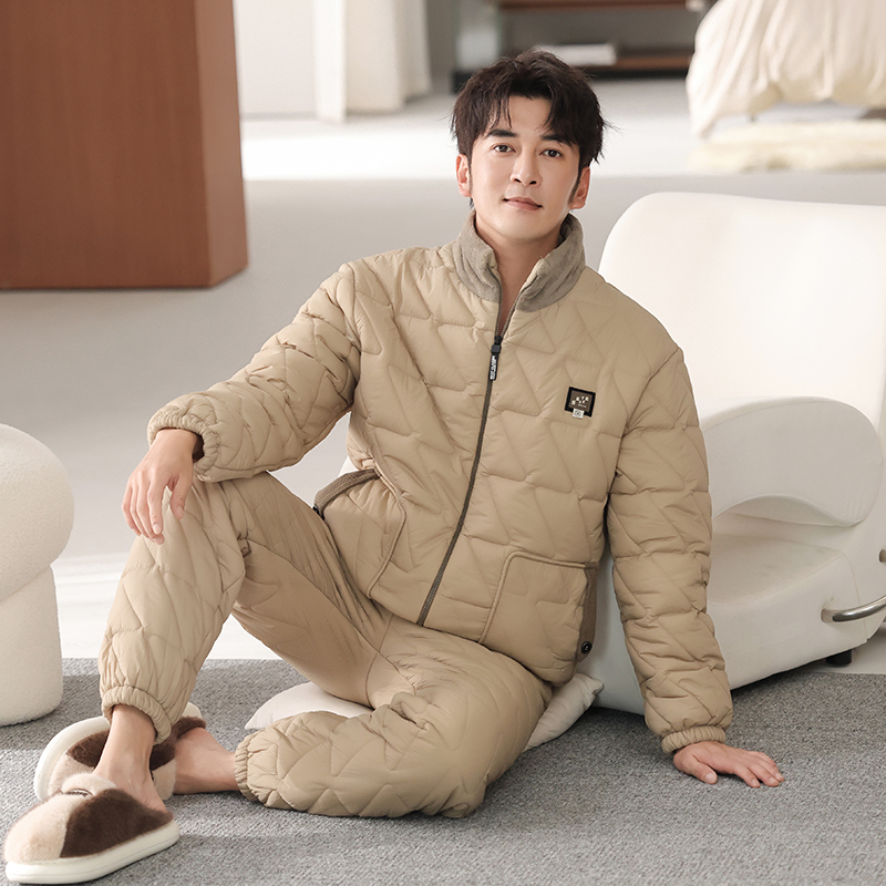 羽绒夹棉袄睡衣男士三层加绒加厚保暖冬季立领家居服套装防水冬天