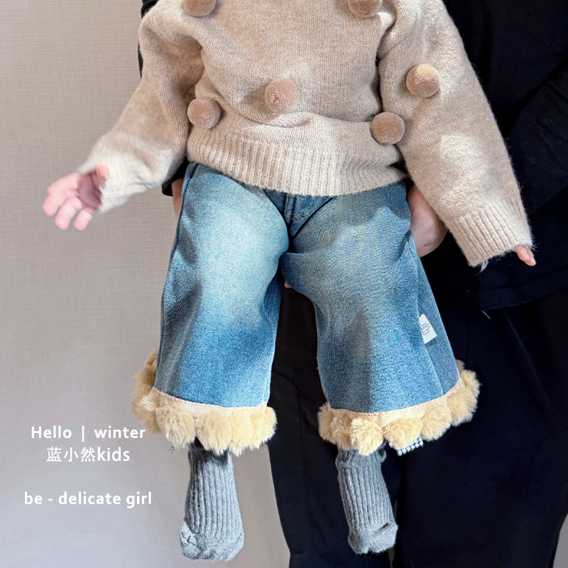 K25D47女童冬款洋气百搭喇叭裤女宝宝加厚保暖牛仔裤婴儿休闲裤子