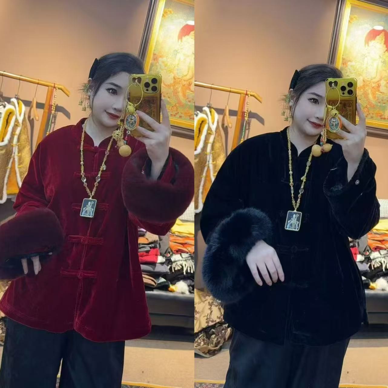 上新价~深圳2789加绒外套新中式丝绒盘扣加厚棉服老钱风大码外套
