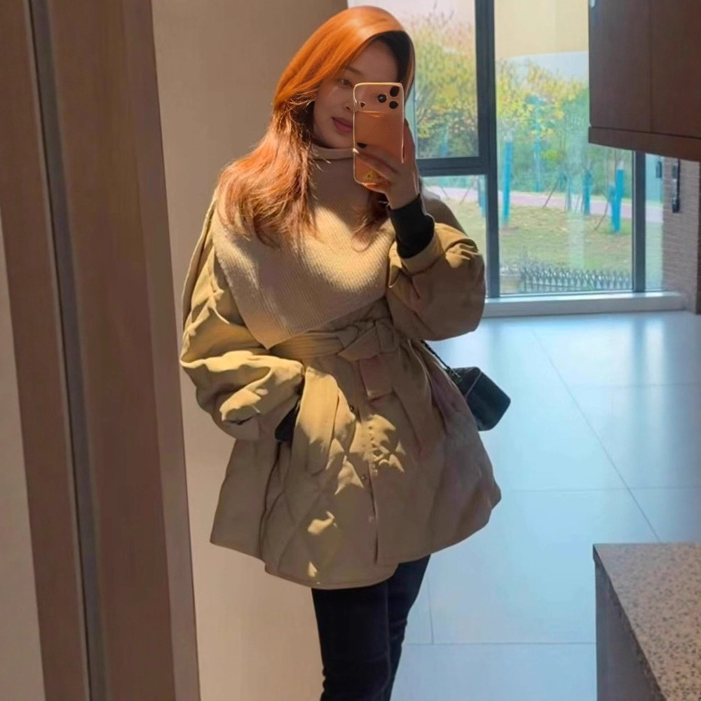 韩版针织披肩+中长款羽绒服女05冬季宽松新收腰束带白鸭绒外套