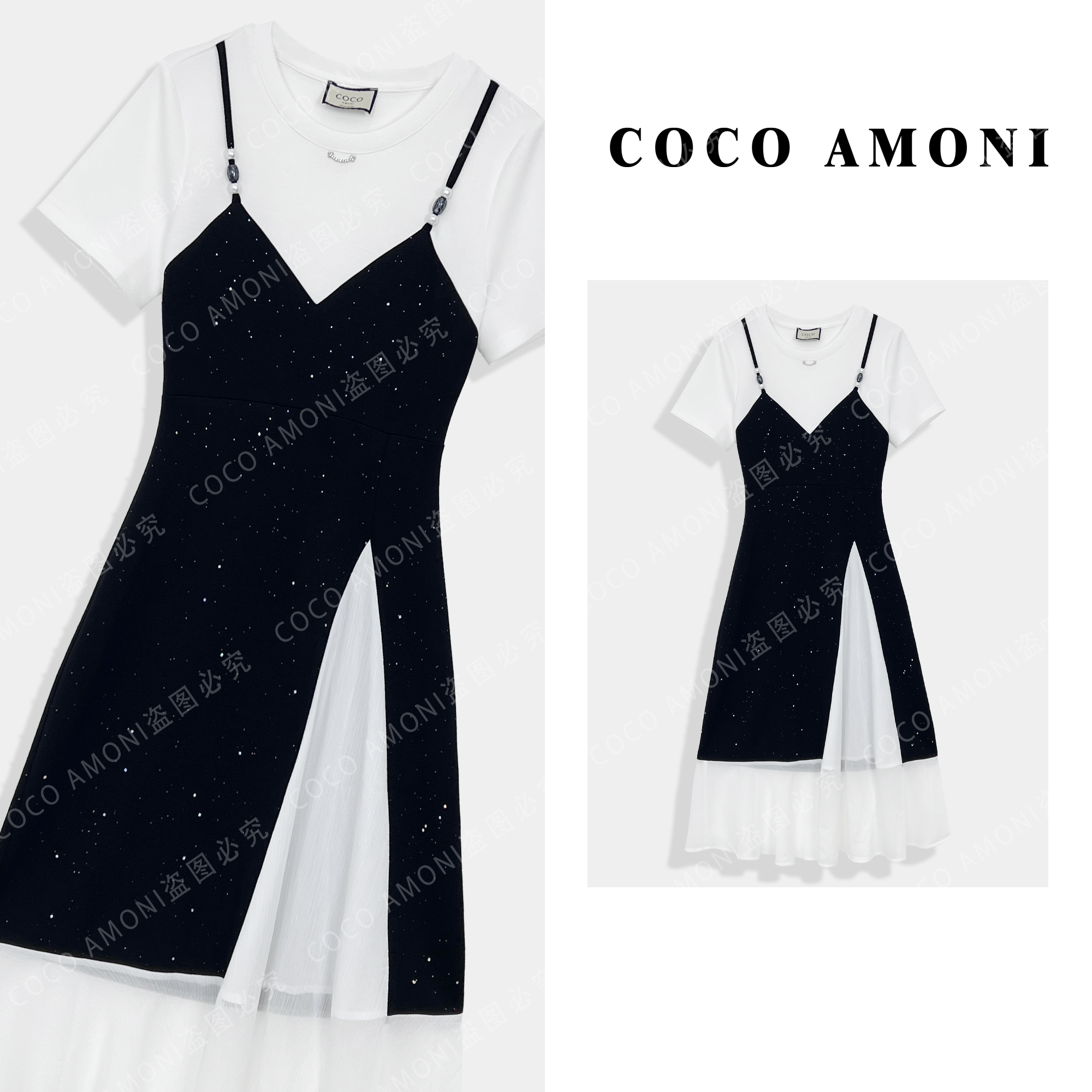 时尚夏日轻奢爆款女装拼接重工亮钻假两件气质显瘦连衣裙AC673