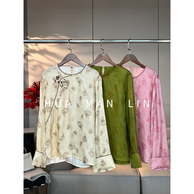 花滿林三色圆领斜门襟重工钉珠卷袖提花上衣40777