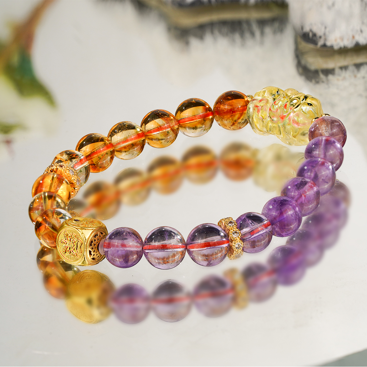 【新款】黄大爷紫水晶黄水晶四面守护手串枫叶黄新中式有证书财富款