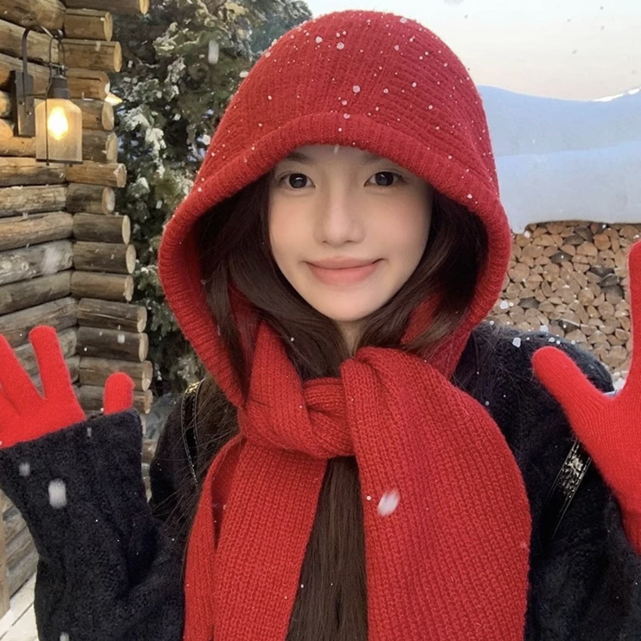 红色巴拉克拉法帽女秋冬季保暖毛线帽子围巾一体连帽围脖针织帽冬