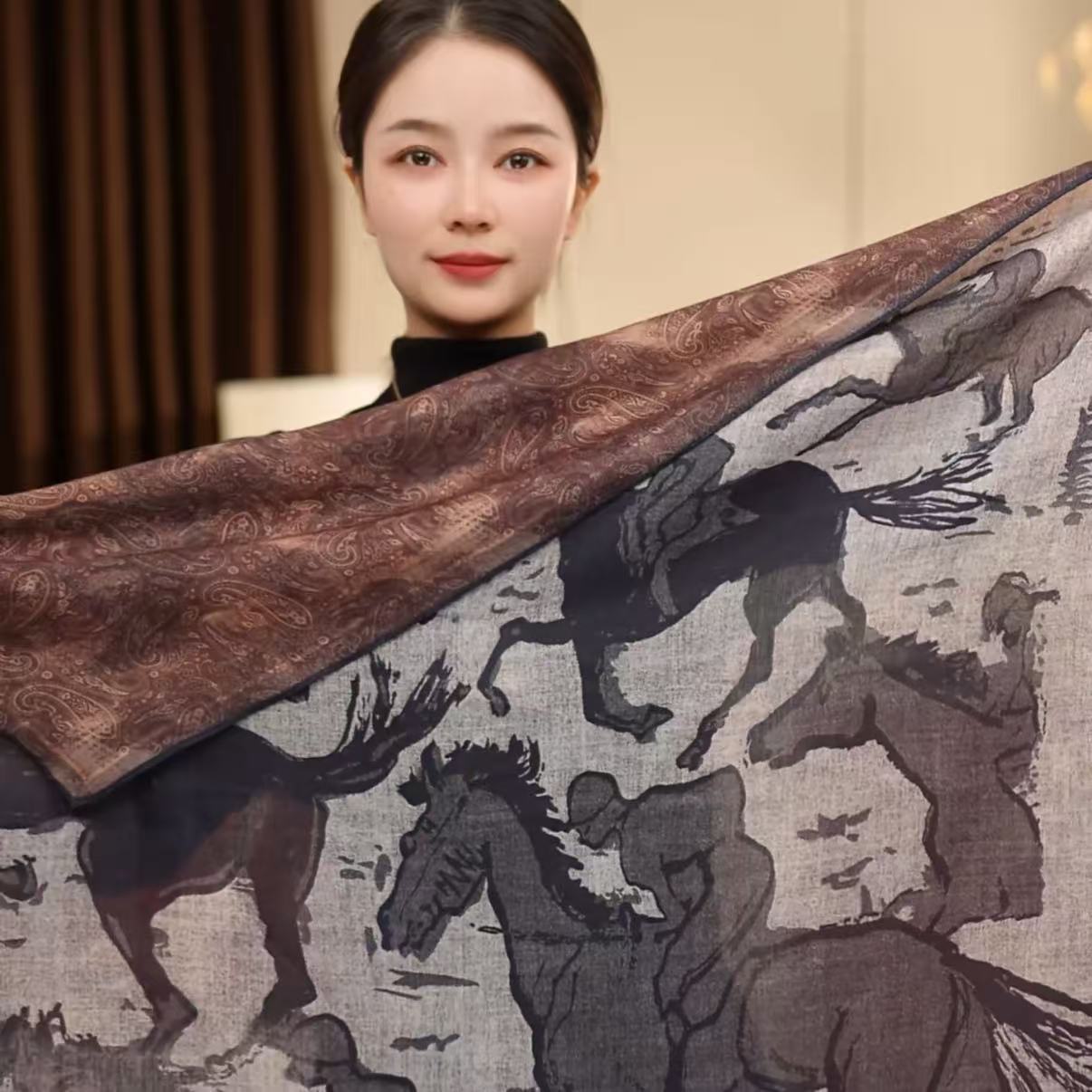 【赛马图】85*85双面双色复古丝毛混纺精卷边2025新款方巾围巾