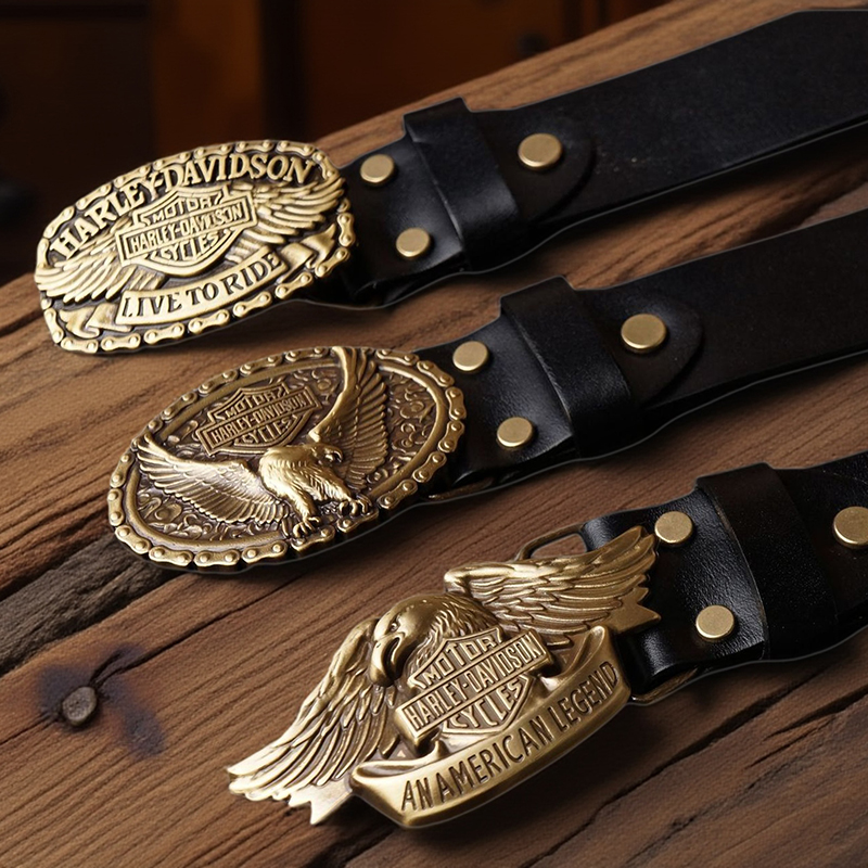 美式哈雷机车风实心黄铜平滑板扣头层牛皮潮流男士腰带阿美咔叽皮