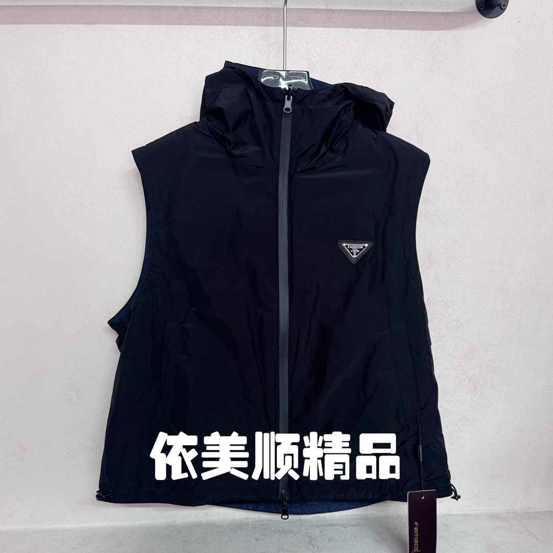 依美顺精品251905双面穿连帽极简风透气拉链厚款马夹休闲秋冬冬季