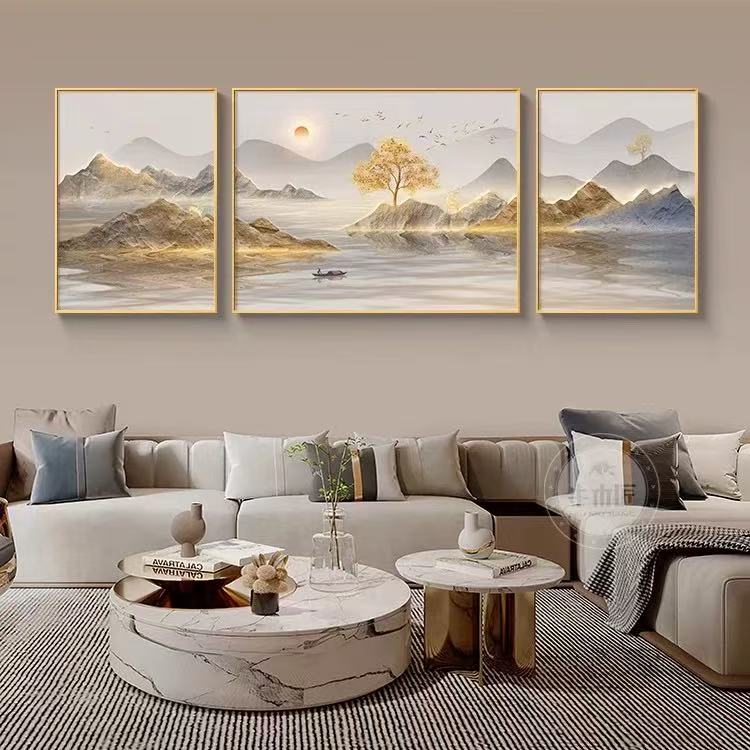 新款流水生财旭日东升三联画客厅沙发背景墙装饰画