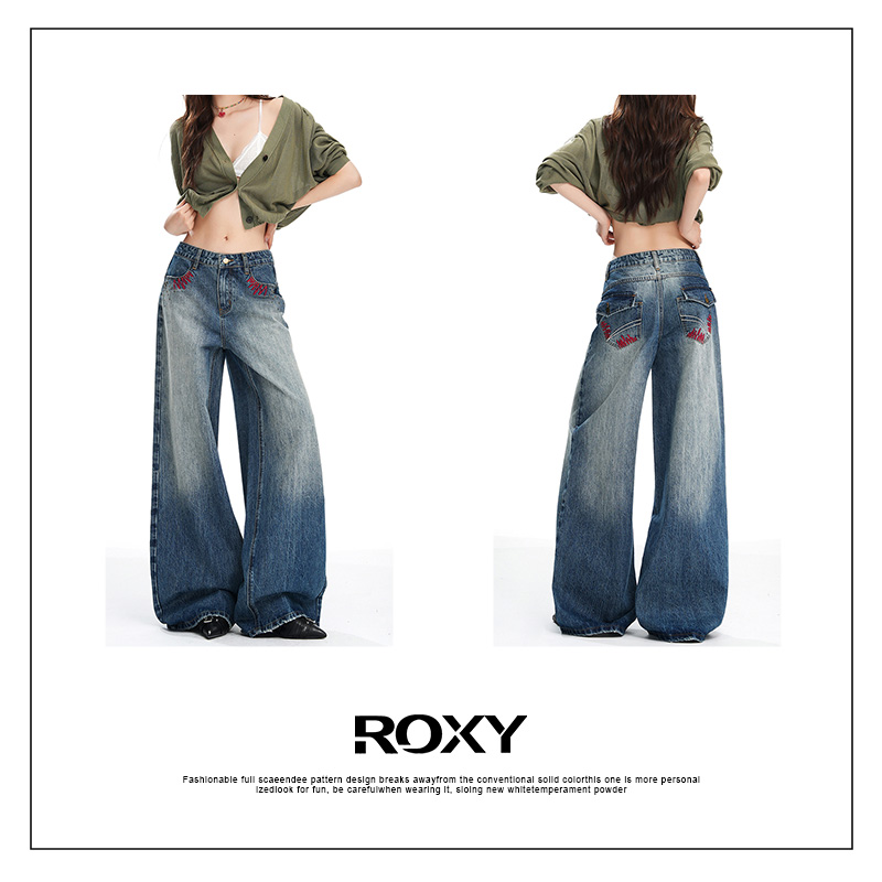 Roxy秋冬新款美式复古烫钉烫钻重工水洗宽松显瘦阔腿拖地牛仔裤女