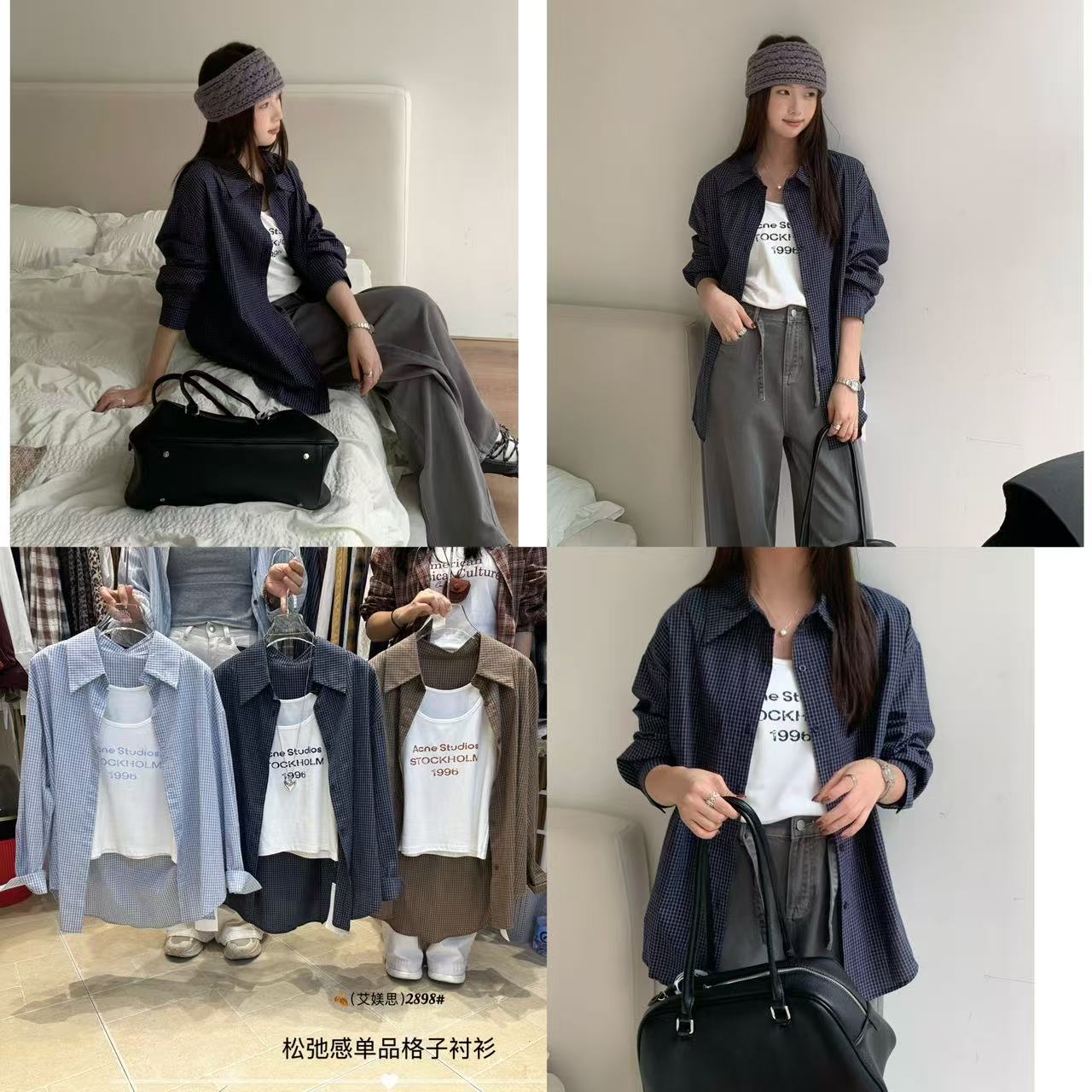 yiyi901-940集合秋季格纹长袖POLO领新款衬衫单排多扣少女风