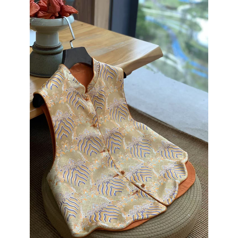 羽熹中式【顺风顺水】 牡丹双面穿淡橘色新中式国风坎肩马甲女