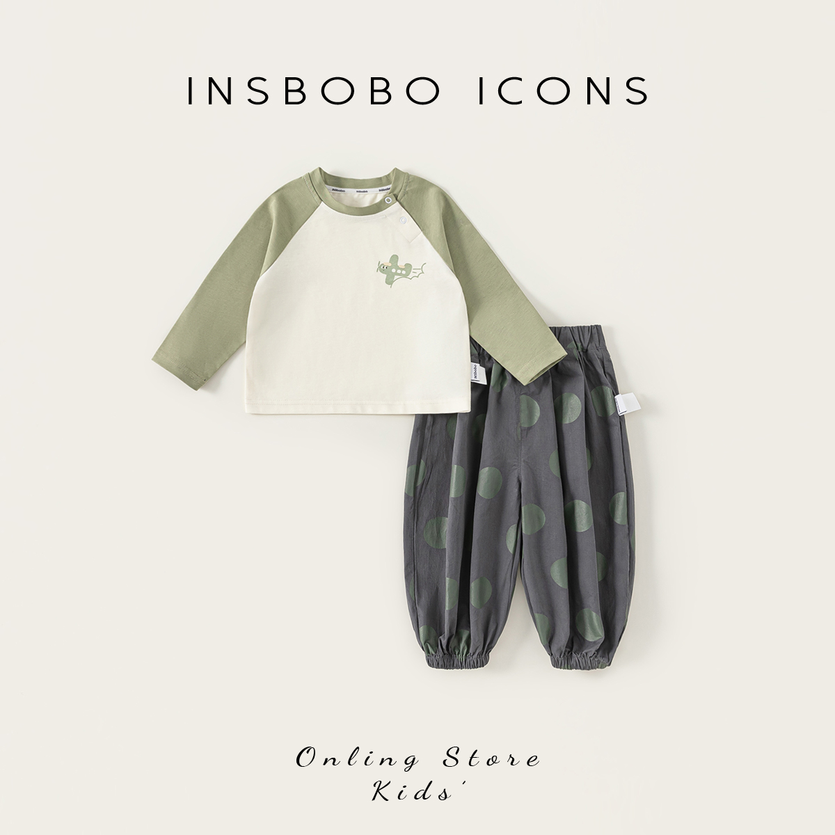 INSbobo儿童套装领开扣插肩袖拼色T恤松紧腰手脚口波点裤QT15009