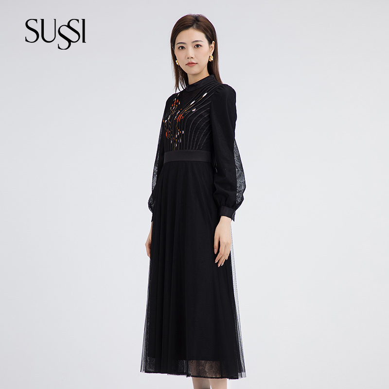 SUSSI/古色冬季新品黑色立领网纱蕾丝刺绣宫廷风连衣裙女