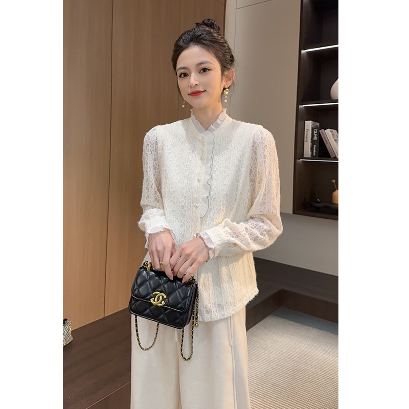 Dy~自带温润光晕~流光蕾丝！打破单调~秋冬立领显瘦上衣女