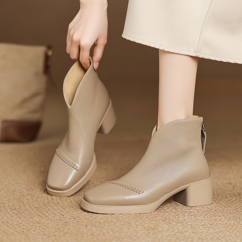 跟5cm/羊皮/秋冬新款羊皮短靴百搭舒适成型底粗跟方头女鞋KL378