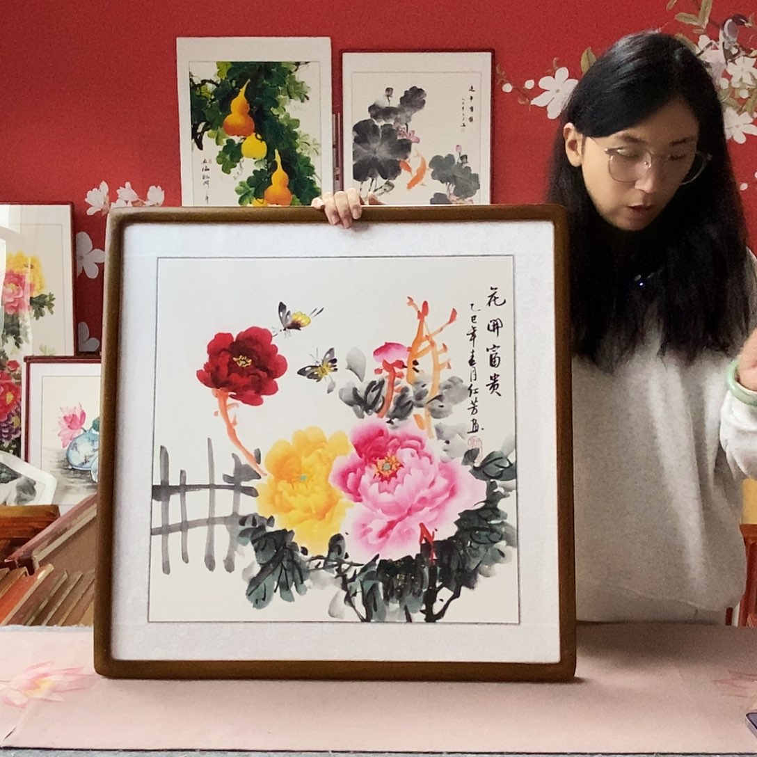 国画手写手绘带框包邮国画作品62✖️62