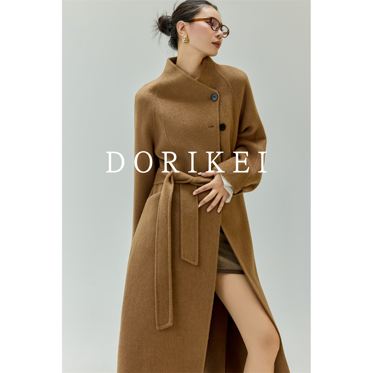 【100%骆驼绒】 【都市通勤干练气质】V领系带长款双面骆驼绒大衣