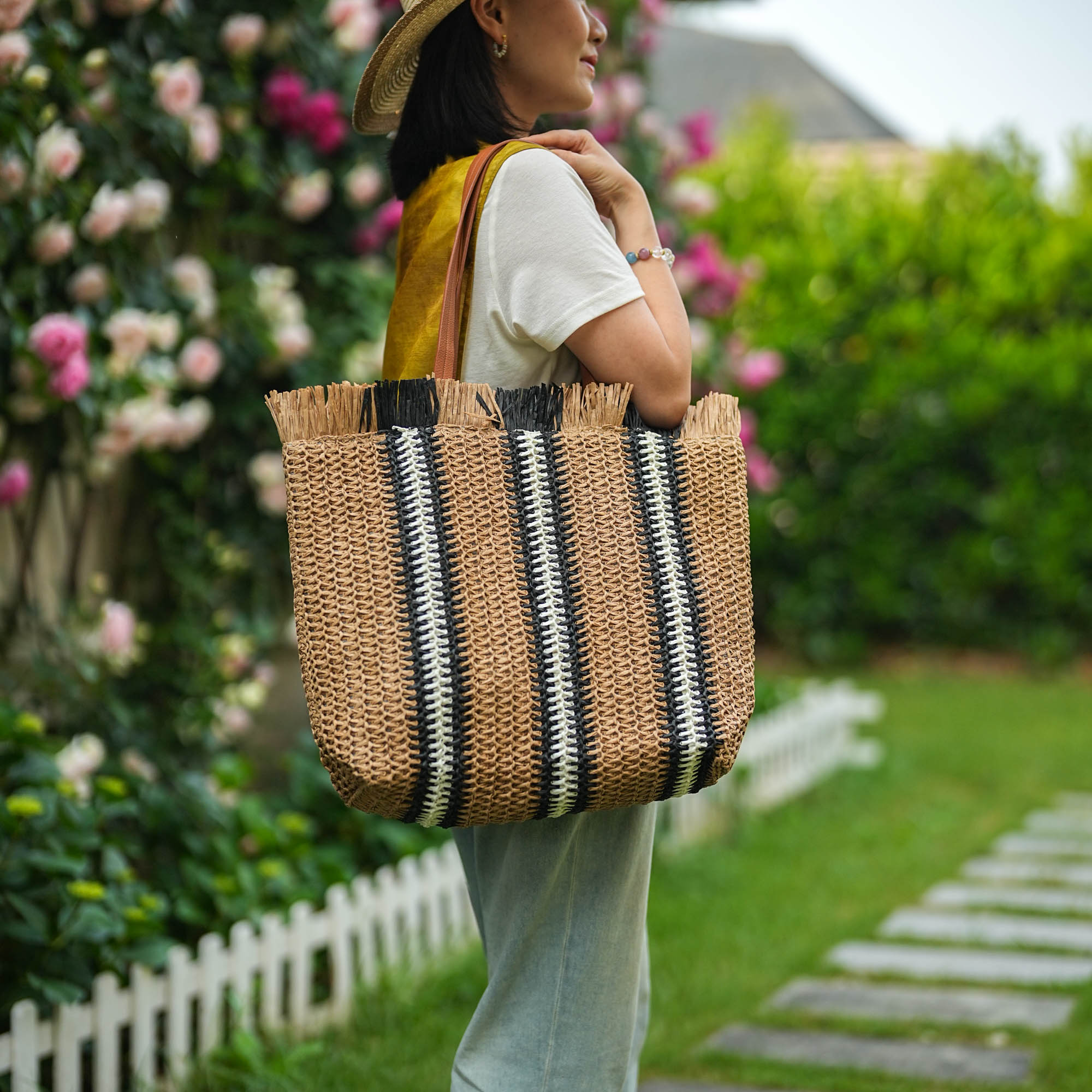 【文创】黑色竖条纹草编包大容量单肩包百搭时尚包 组合