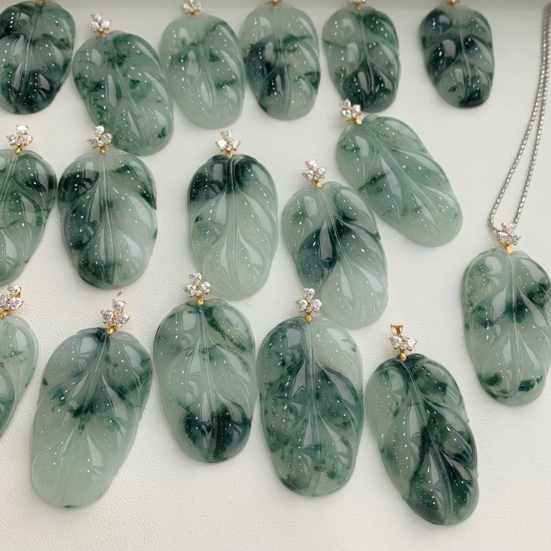 八七珠宝天然翡翠ZS金镶冰飘绿花叶子 多样性发一件