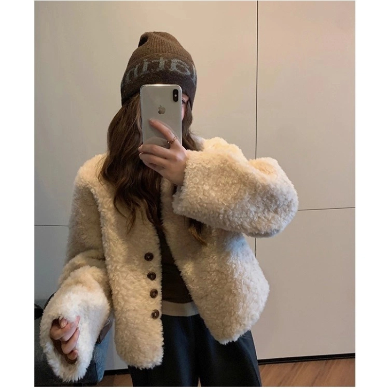 小香风环保羊羔毛秋冬新款V领气质慵懒皮毛一体皮草毛毛外套女