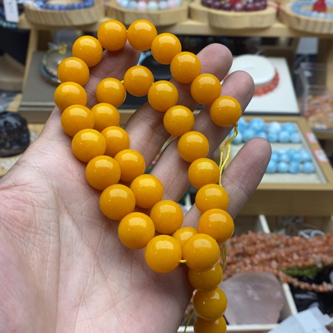 玛瑙/玉髓未镶嵌珠宝半成品一条12mm黄玉髓优化圆珠C10