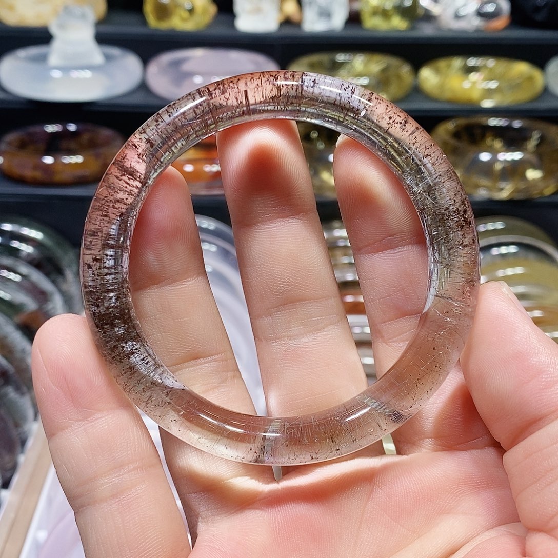 未镶嵌手镯水晶天然红幽灵发晶共生水晶手镯57圈口