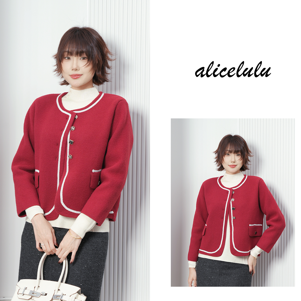 alicelulu 温柔收割机.拼色外套 别致纽扣大方得体S1035747U