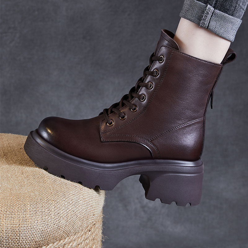 厚底马丁靴女2025年新款英伦风加绒女靴子真皮增高小个子短靴冬季