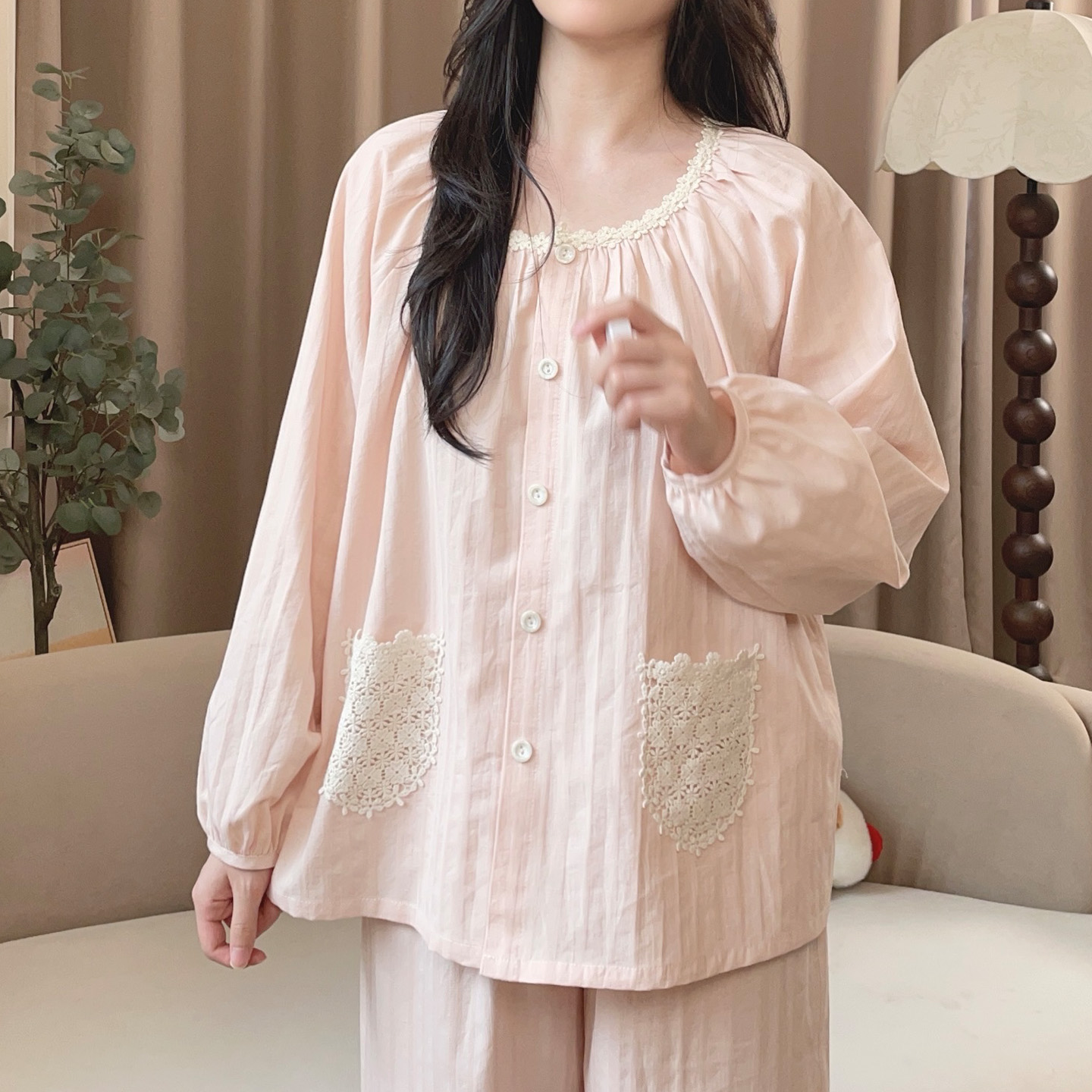 【6028浅桃】春秋季甜美长袖纯棉可外穿公主家居服睡衣宽松睡衣