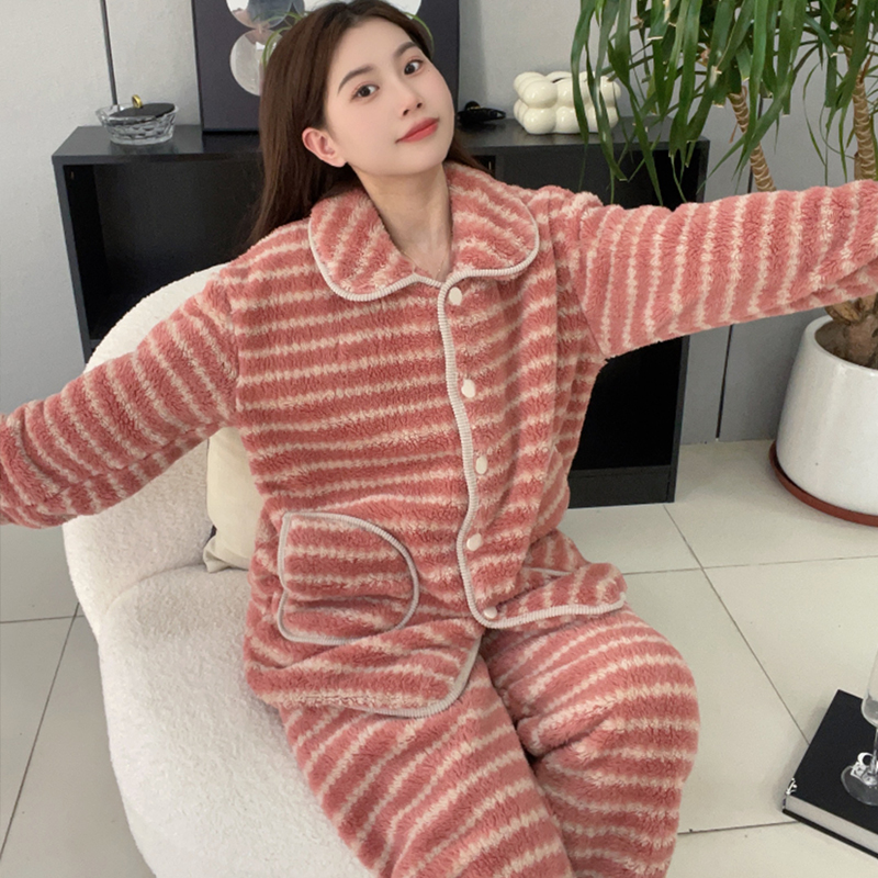 时尚条纹粉色秋冬季珊瑚绒睡衣女加绒加厚保暖韩版休闲家居服套装