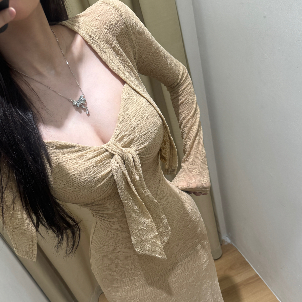 纯欲韩女  修身显瘦弹力蕾丝少女感自带胸垫长裙