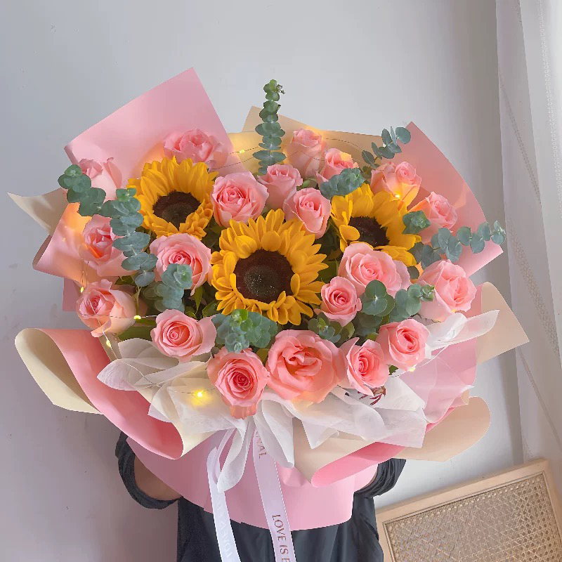 三支向日葵19朵粉玫瑰混搭花束送女友闺蜜老婆长辈领导生日节日礼物