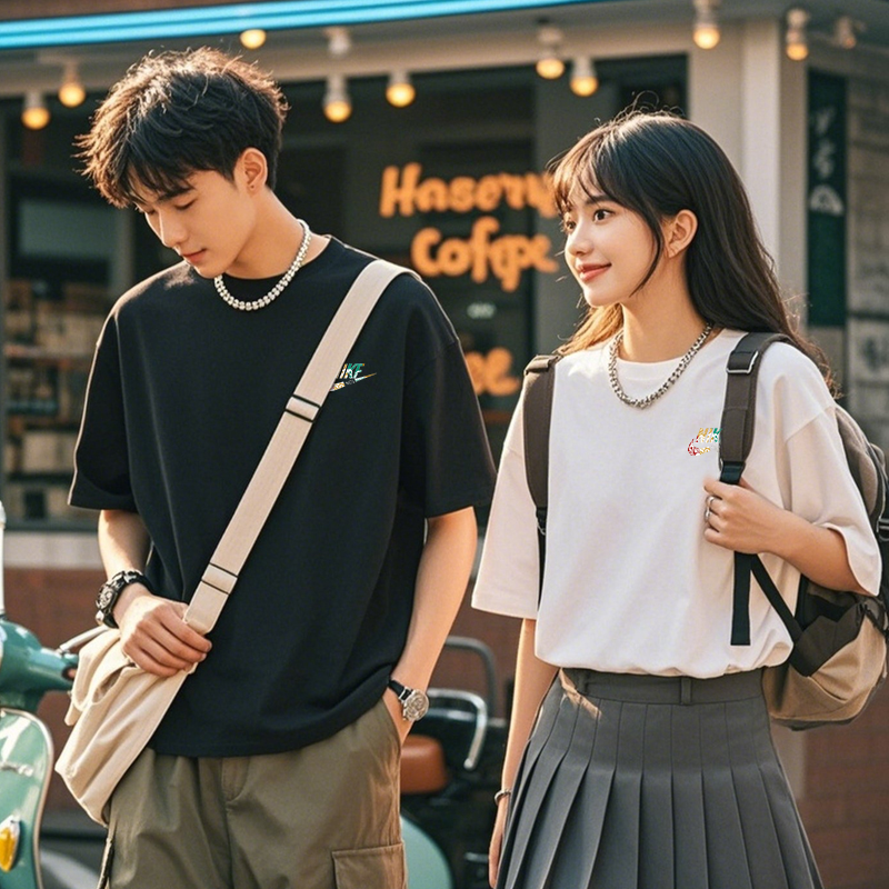 夏季落肩袖短袖通用几何圆领T恤情侣ins日系学生运动半袖