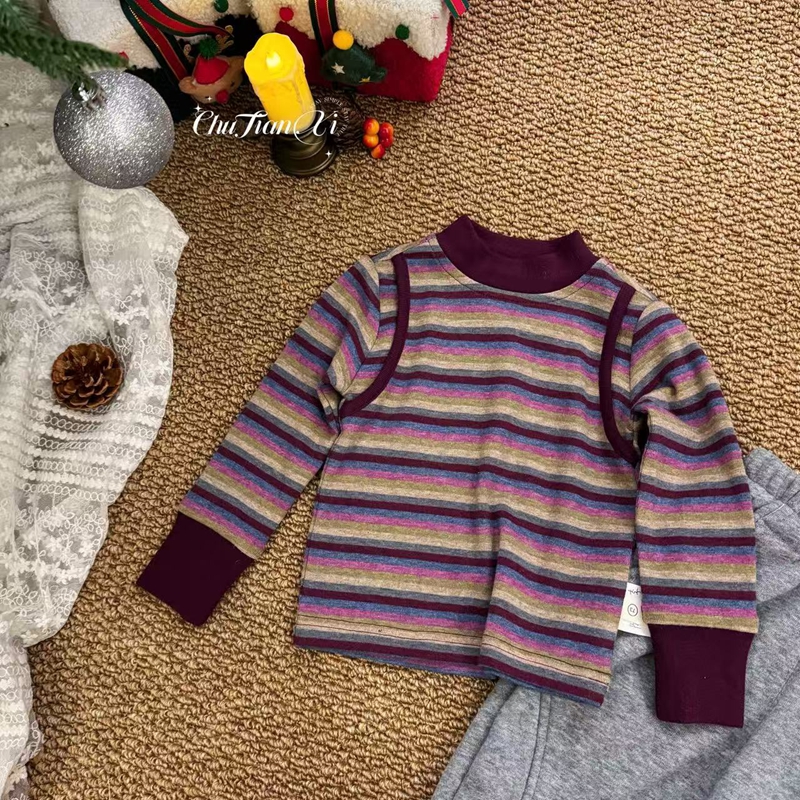 现货【线条感】秋冬纯棉假两件条纹半高领百搭小童套头打底长袖T恤