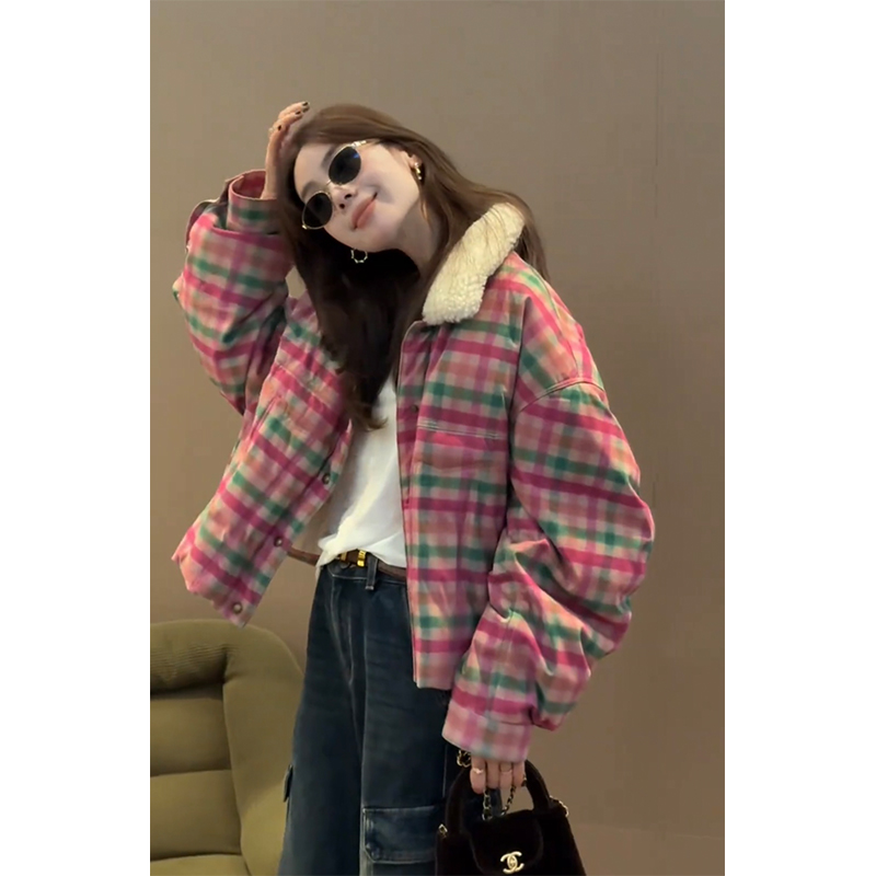 【现货】韩版复古风设计格纹毛领棉服女2025秋季新款短款保暖外套